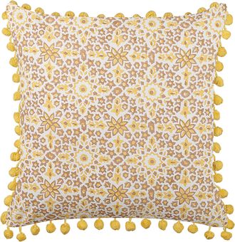 Beliani Coj&iacute;n De Algod&oacute;n Amarillo Blanco Marr&oacute;n 45 X 45 Cm Floral Pompones Lycrois