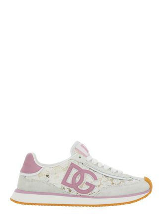 Dolce & Gabbana White Low Top With Lace Details And Dg Patch On The Side In Fabric And Suede Blend Woman