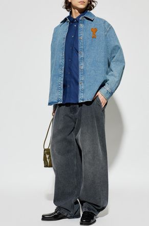 Ami Denim Shirt With Logo, Mens, Blue