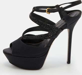 Sergio Rossi Black Satin And Leather Crystal Embellished Platform Sandals