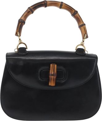 Gucci Vintage Convertible Bamboo Top Handle Bag Leather Black Leather Handbag (Pre-Owned)