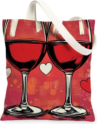 Generic Valentines Day Red Wine Canvas Tote Bag for Shopping 13x15, Vintage Retro Love Romantic Reusable Grocery Print Pattern Bag for Women, Holiday Beach Ae