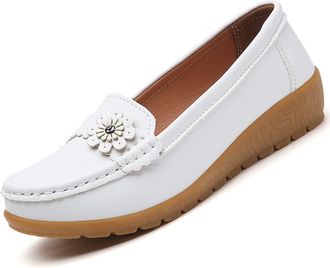 Generic Womens Soft Sole Comfortable Leather Shoes, Casual Driving Moccasins Women Boat Shoes Flats Slip on Penny Loafers (White,6.5)