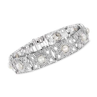 Ross-Simons 6-6.5mm Cultured Pearl and Diamond Bracelet in Sterling Silver