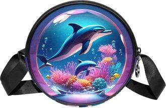 Generic Circle Crossbody Bag for Women, Dolphin Crystal Ball Small Sling Bag Daypack with Zipper Adjustable Shoulder Straps Casual Ladies Girls Round Purse