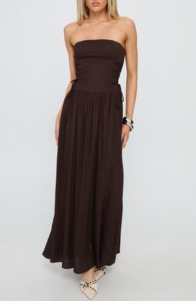 Princess Polly So Far So Good Strapless Linen & Cotton Maxi Dress in Chocolate at Nordstrom, Size 0