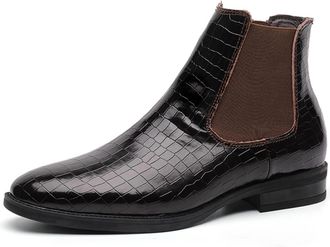 Generic Mens Chelsea Ankle Boots Crocodile Print Elastic Bandage Cowhide Leather Slip On Anti-slip Waterproof Non Slip Work Fashion Pull On(Brown,7.5 UK)