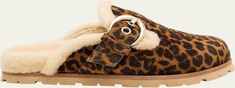Stuart Weitzman Chrystie Shearling-Lined Leopard Suede Mules