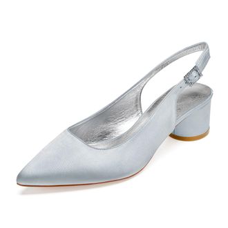 Generic Wedding Bridal Shoes Women Chunky Block Satin Low Heels Pointed Toe Slingback Evening Party Prom Office Shoes 4.5Cm,Silver,2 UK