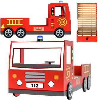 Deuba Letto Per Bambini Lettino Design Vigili Del Fuoco Stile Pompieri 200x90 Cm Legno Con Rete A Doghe Ruote 3d Sirena E Manubrio