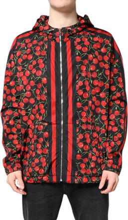 Dolce & Gabbana Black Cherry Print Hooded Windbreaker Mens Jacket