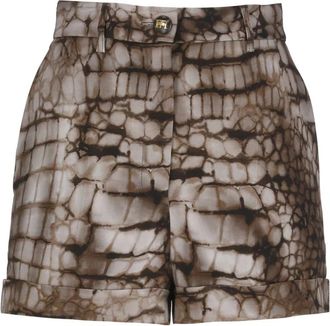 Elisabetta Franchi Korte Broeken, Dames, Bruin, S, Shorts in Jersey met Alligatorprint en Omgeslagen Zoom
