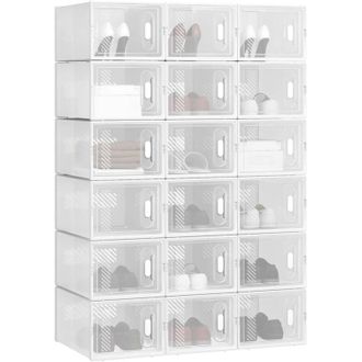 Woltu Scatole per Scarpe, Pacco da 18 Contenitori per Scarpe, Organizzatori Porta Scarpe Pieghevoli e Impilabili, Trasparente e Bianco - Woltu