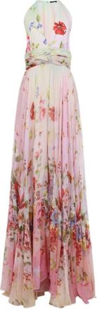 Roberto Cavalli Kleedjes, Dames, Veelkleurig, M, Chiffon, Lange Chiffon Jurk met Miami Bloemenprint