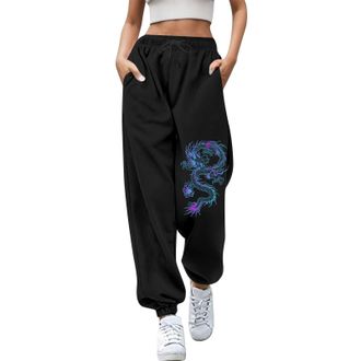 Generic UK Womens Cool Dragon Patterned Wide Leg Pants Plain Gym Sport Jogger Sweatpants and Baggy Elastic Waist Trousers for Casual Hip Hop Gym and Jogging B