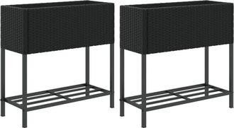 vidaXL Garden Planters with Shelf 2 pcs Black 70x28x70 cm Poly Rattan vidaXL