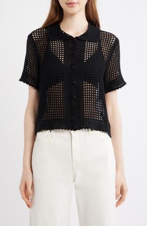 Frame Denim The Crochet Short Sleeve Button-Up Shirt in Black at Nordstrom, Size X-Large