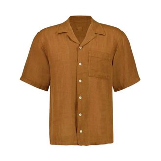 120% Lino Short Sleeve Shirts, male, Brown, XL, Curry Linen Camp Collar Shirt