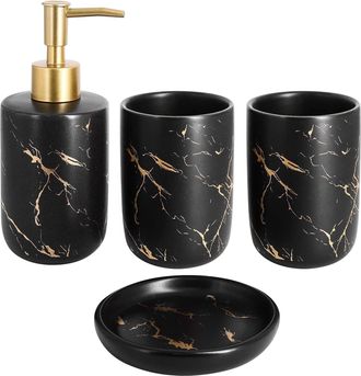 OEM Juego De 4 Accesorios De Ba&ntilde;o, Cer&aacute;mica Negra Y Dorada, Dispensador De Jab&oacute;n, Vasos, Jabonera, Para El Hogar, Hotel U Oficina