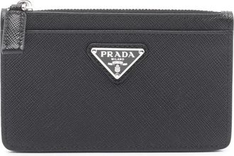Prada Pre-owned Wallets, female, Black, Size: ONE SIZE Pre-owned Vintage Saffiano Leather Card Holder with Zipper Pocket