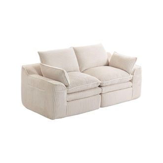 Urban Meuble Sof&aacute; de 2 plazas de pana beige con bolsillos laterales y cojines