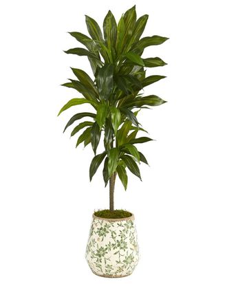 Nearly Natural 4Ft Dracaena Artificial Plant In Flower Print Planter (Real Touch)