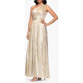 Betsy & Adam One-Shoulder Foil Flower Gown in Champagne/Gold at Nordstrom Rack, Size 14
