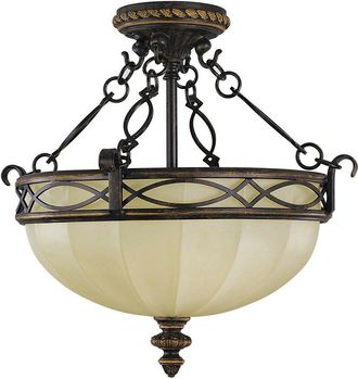 Loops 2 Bulb Semi Flush Light Fretwork Faceted Glass Uplight Walnut LED E27 100W