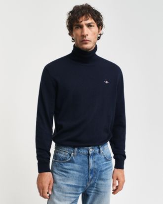 GANT Strickpullover GANT CTN/WO ROLLNECK, Herren, Gr. XXL, blau (evening blau), Strick, Obermaterial: 70% Baumwolle, 30% Wolle, unifarben, regular fit norm