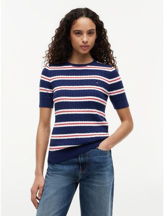 Tommy Hilfiger Womens Short-Sleeve Striped Cable Knit Sweater - Navy - XXL