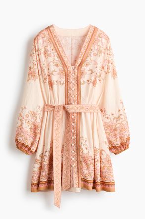 H&M Kleid mit Bindeg&uuml;rtel in Loose Fit - Beige