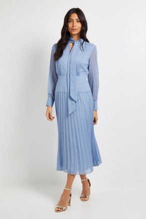 Wallis Womens Clipped Tie Neck Pleated Shirt Dress - Blue - Size 20 UK