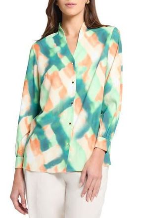 Misook Abstract Print Cr&ecirc;pe de Chine Stand Collar Button-Up Shirt in P Green/mult at Nordstrom Rack, Size Xx-Large