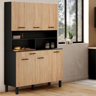 IDMarket Idmarket - Cina 120 Cm Aparador De Cocina Con 6 Puertas + Caj&oacute;n, Acabado Negro Y Haya