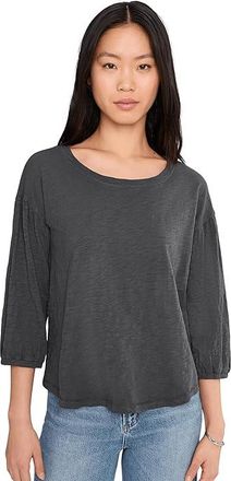 Mod-o-doc 3/4 Shirred Sleeve Open Crew Neck T-Shirts Womens Clothing Washed Ebony : LG (US 12-14), Cotton