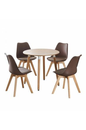 Life Interiors 5PCs Dining Set - a Round Dining Table & Set of 4 Lorenzo Tulip chairs with Padded Seat in Brown