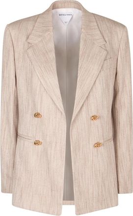 Bottega Veneta Zijden Reverskraag Jas met Zakken - Dames - Blazers - Beige - M - Polyester - Jassen