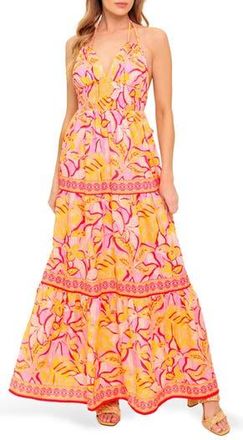 Flying Tomato Tropical Print Halter Maxi Dress in Pink/Mustard at Nordstrom Rack, Size Medium