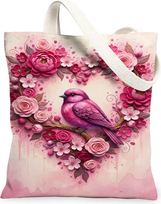 Generic Floral Canvas Tote Bags, Flower Bird Pattern Reusable Bags, Spring Bohemian Chic Lightweight Washable Shoulder Strap for Tr, Peach, 13x15 Inch