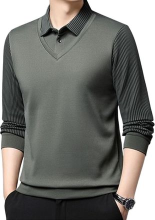 Generic Mens Faux Two Piece Lapel Long-Sleeve Top, Mens Striped Lapel Fake Two-Piece Shirt Long Sleeve, Fake 2-Pieces Knitted Shirt (Green,4XL)
