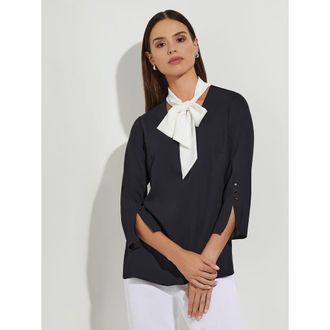 Misook Contrast Tie V-Neck Crepe de Chine Blouse in Black/white at Nordstrom, Size X-Small