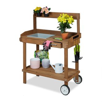 Relaxdays Mesa De Jardiner&iacute;a Con Ruedas, Bandeja Y Caj&oacute;n, Madera, Pl&aacute;stico 120x97x49cm, Banco Trabajo Jard&iacute;n, Marr&oacute;n - Relaxdays