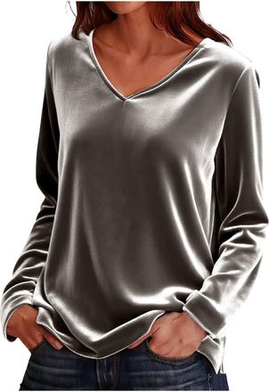 Generic Velvet Long Sleeve Tops Women Crew Neck Solid Gold Velvet Pullover Elegant Tunic Top Soft Loose T Shirts Casual V Neck Ladies Sweatshirts Classic Ligh