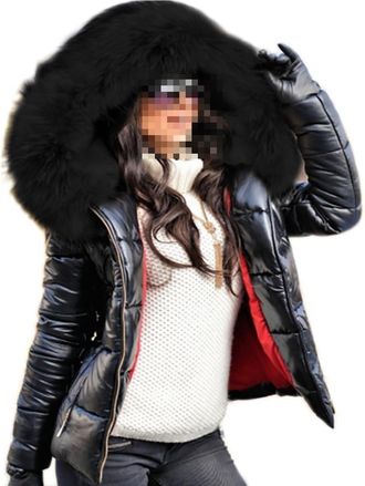 Generic Womens Winter Thicken Coat Lightweight Short Down Jacket Quilted Parka with Fur Hood (Black Black,XL)