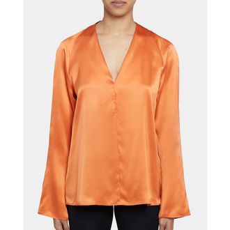 Santorelli Zuri Long Sleeve V-Neck Blouse in Silk Charmeuse in Orange Glow at Nordstrom, Size 40Long