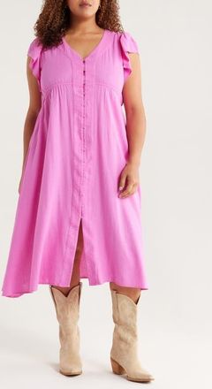 Treasure & Bond Short Sleeve Button Down Linen Blend Midi Dress in Pink Surprise at Nordstrom, Size 3X