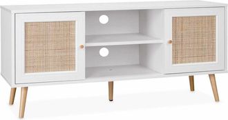Sweeek Sweeek - 120cm tv unit wooden and cane effect 2 doors, Boheme, Blanc cassé, 120x39x56.5 cm
