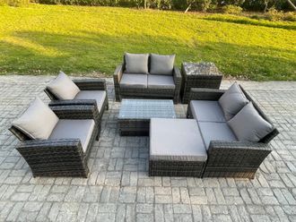 Fimous Garden Furniture Sets 7 Pieces Outdoor Rattan Furniture Manual Wicker Patio Sofa Chair Set with Coffee Table Big Footstool in Dark Grey