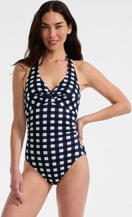 Lands End Knot Twist Halter One Piece in Navy Gingham Pique at Nordstrom, Size 16