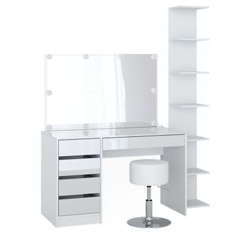 Vicco Tocador Sherry, Blanco, 4 Piezas, Con Estante, Espejo, Taburete, Led